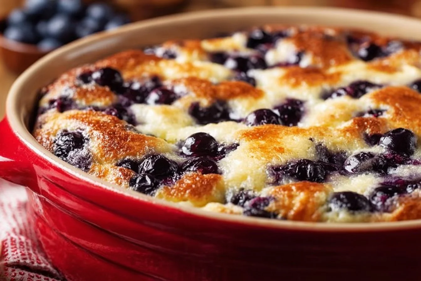 Blueberry cottage cheese bake topped with fresh blueberries and granola