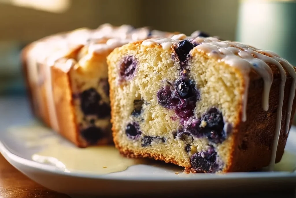 Freshly baked blueberry sourdough bread with a lemon glaze, served on a wooden board.