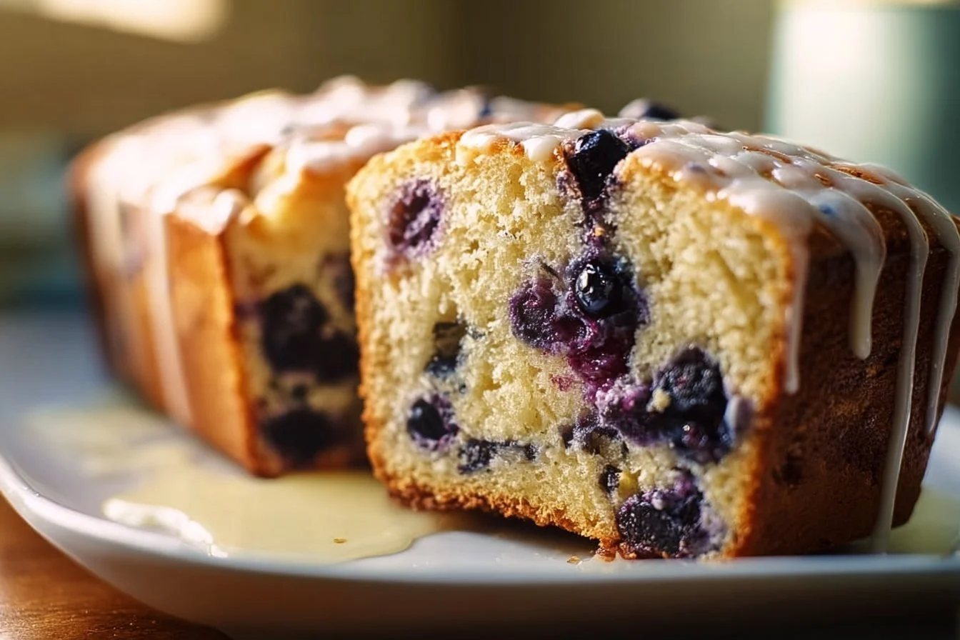 Freshly baked blueberry sourdough bread with a lemon glaze, served on a wooden board.