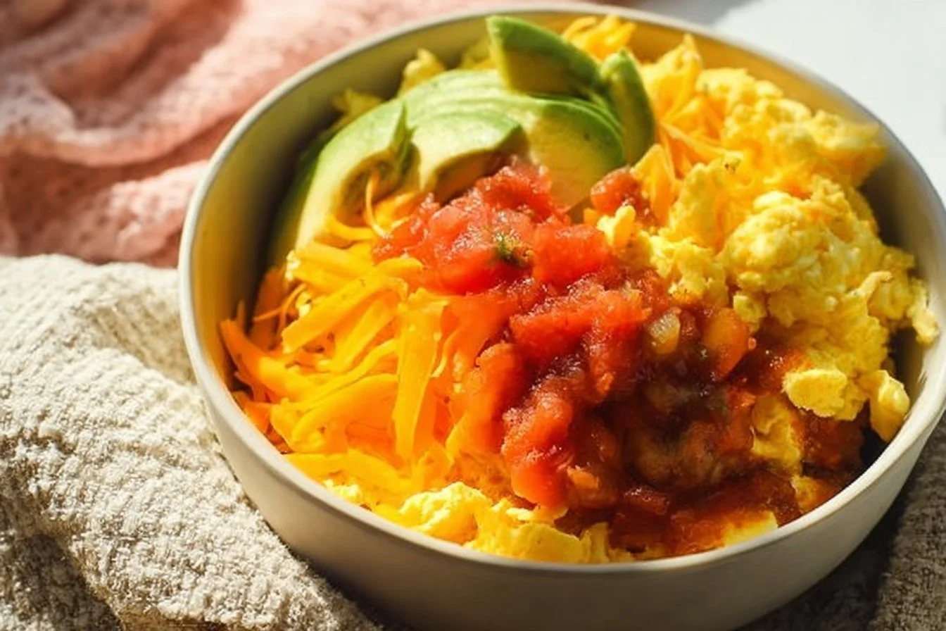 Delicious Breakfast Burrito Bowl filled with eggs, beans, and veggies