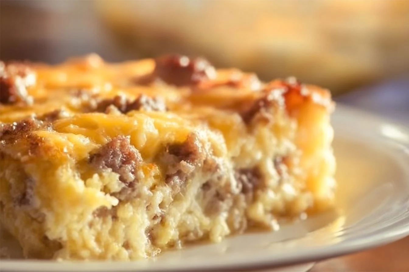 Delicious breakfast casserole topped with cheese and herbs