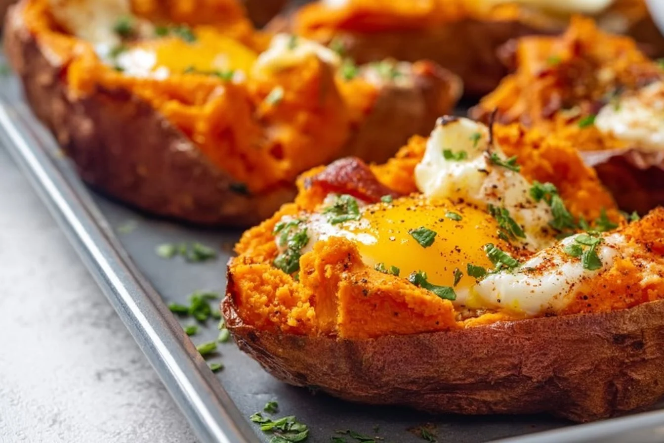 Healthy breakfast sweet potato dish with toppings for a nutritious start to the day.
