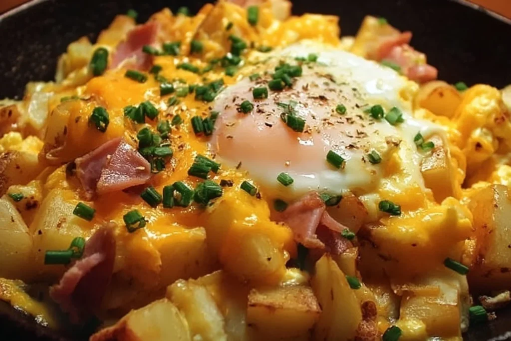 Cheesy potato egg scramble in a skillet topped with cheese and herbs.