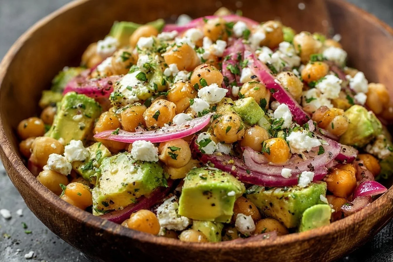 Chickpea Feta Avocado Salad 4 Chickpea Feta Avocado Salad with colorful vegetables in a bowl