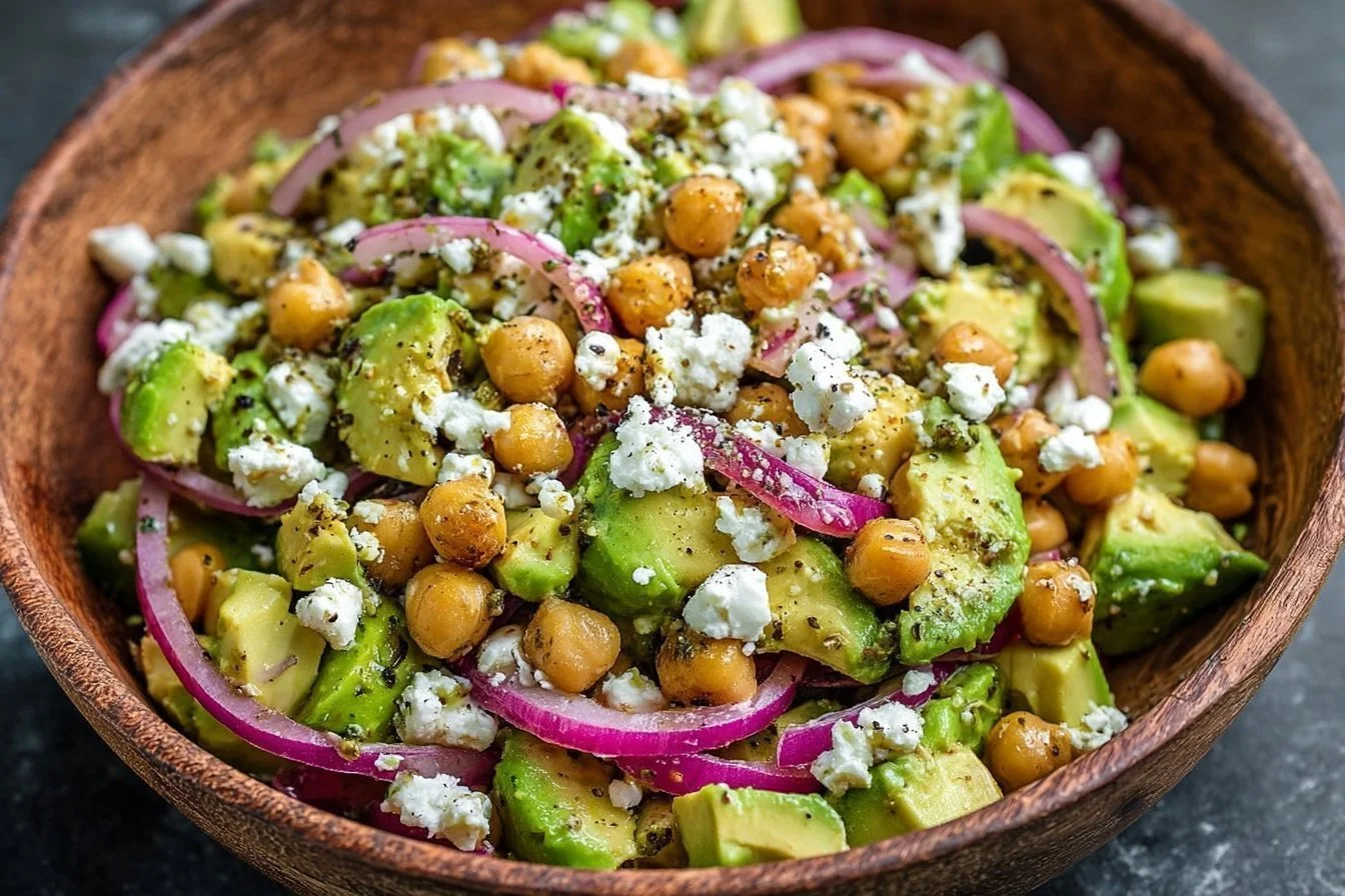 Chickpea Feta Avocado Salad garnished with fresh herbs and colorful veggies