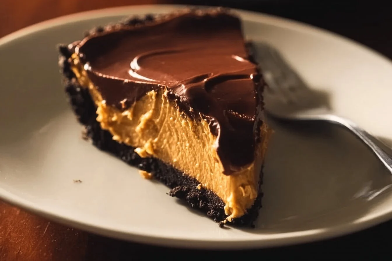 Delicious Chocolate Peanut Butter Pie topped with chocolate and peanut butter swirl.