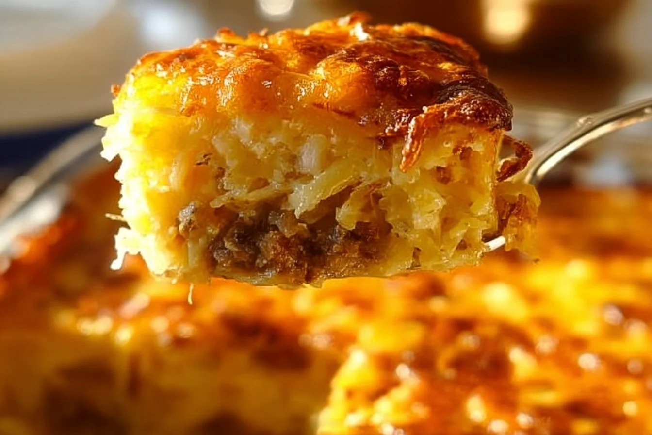 Classic Breakfast Hashbrown Casserole topped with cheese and herbs