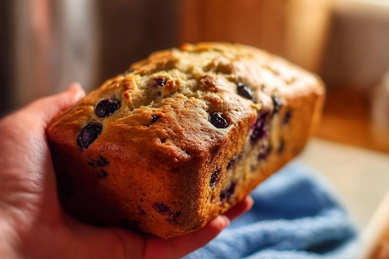 Slice of classic sourdough banana bread with blueberries on a wooden board