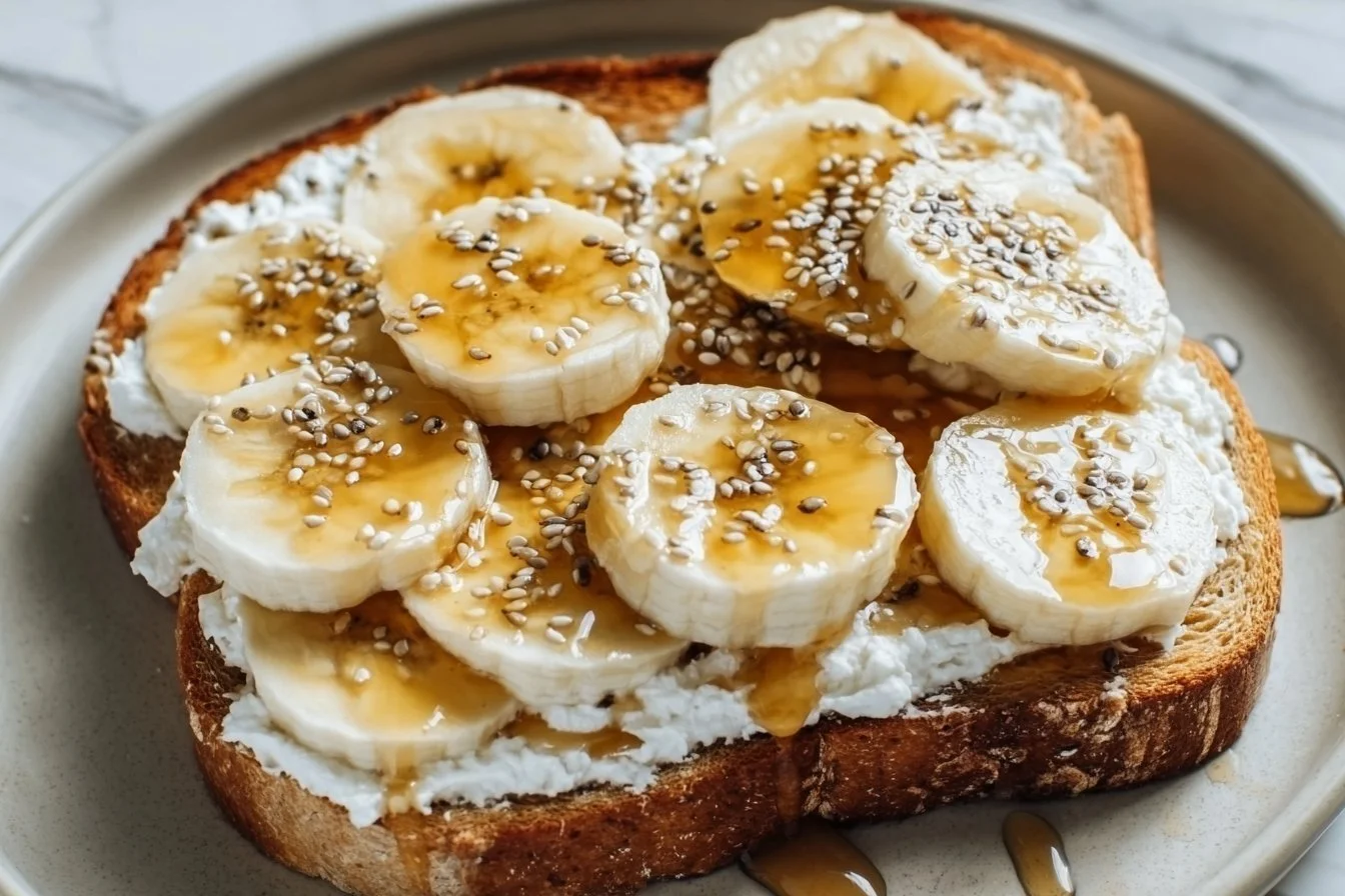 Cottage Cheese and Banana Toast 4 Cottage cheese and banana toast topped with fresh banana slices