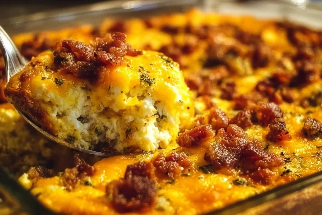Delicious Crack Breakfast Casserole topped with cheese and herbs