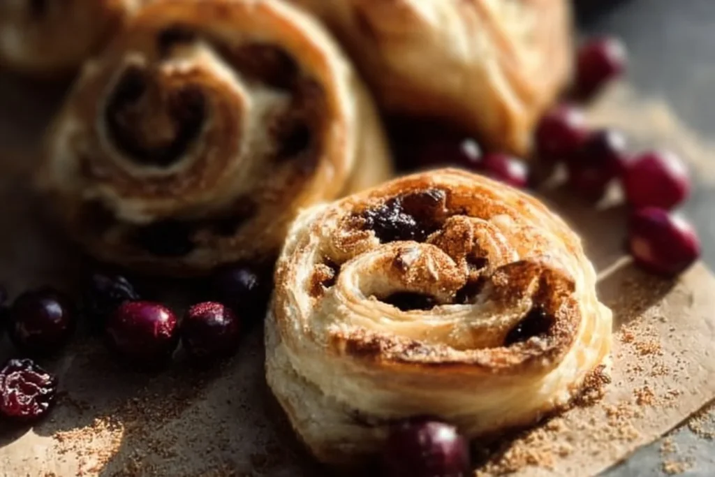 Cranberry goat cheese swirls in puff pastry on a serving platter