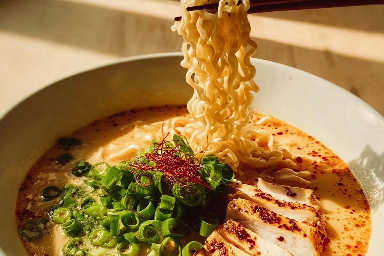 Creamy Marry Me Chicken Ramen dish garnished with herbs and spices