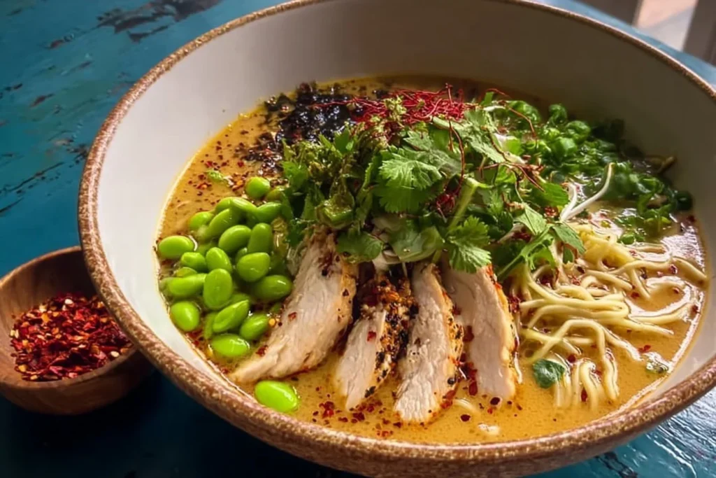 A bowl of Creamy Marry Me Chicken Ramen garnished with herbs and spices.