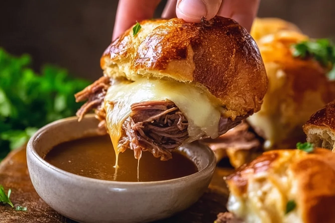 Delicious French Dip Sliders with beef, cheese, and au jus dipping sauce