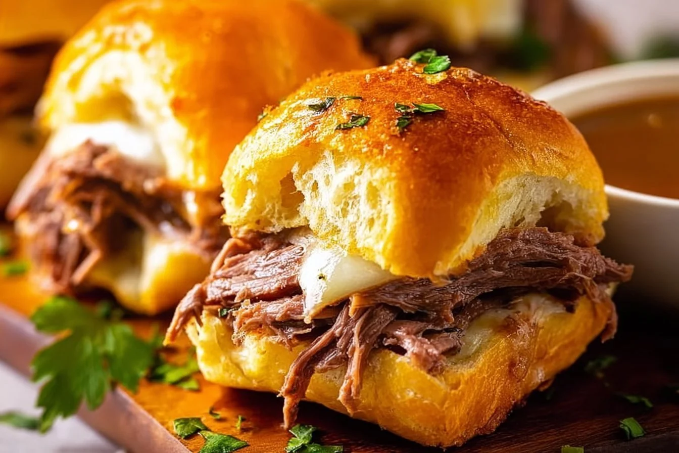 Delicious easy French Dip Sliders served with au jus for dipping