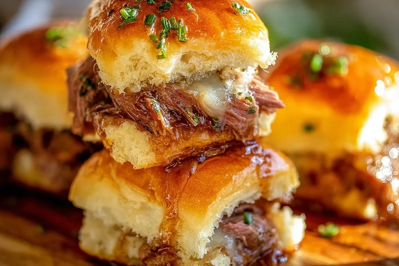 Delicious easy French Dip Sliders with beef and melted cheese served with au jus