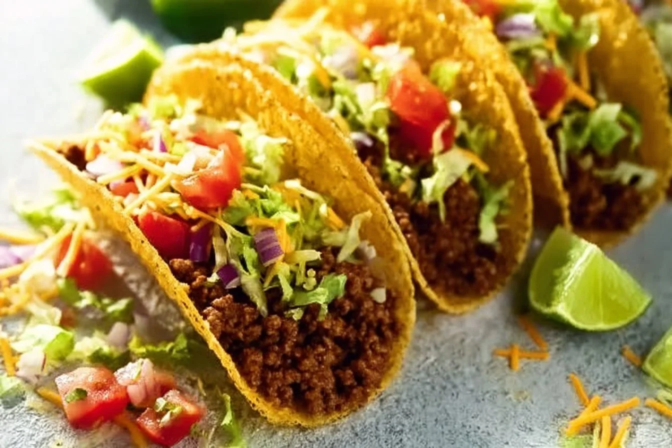 Easy Ground Beef Tacos 5 Easy ground beef tacos served with fresh toppings