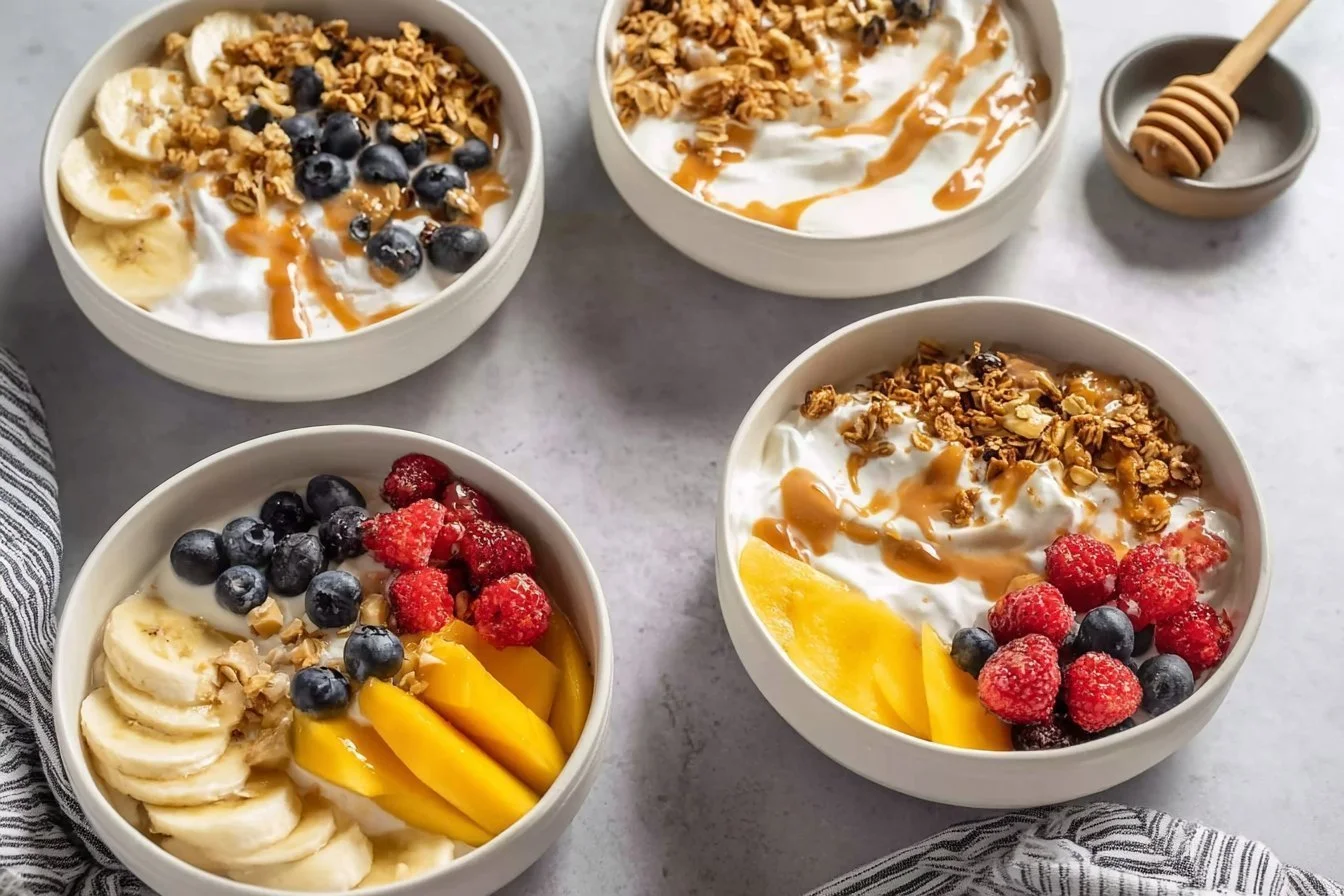Easy Yogurt Granola Bowls 4 Easy yogurt granola bowls topped with fresh fruits and honey.