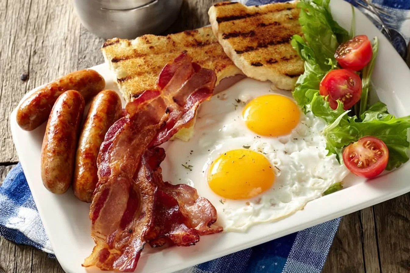 Delicious flat belly waffles served with berries and syrup.