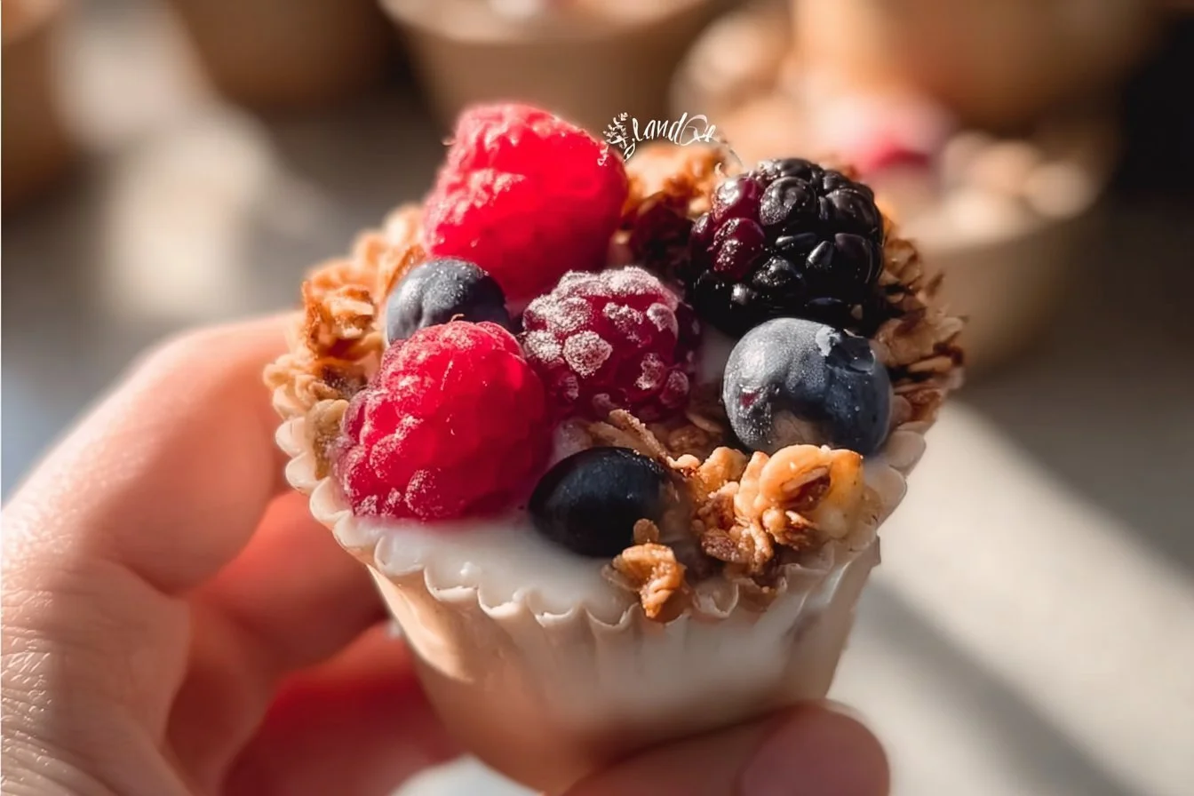 Delicious frozen yogurt granola cups topped with fresh ingredients