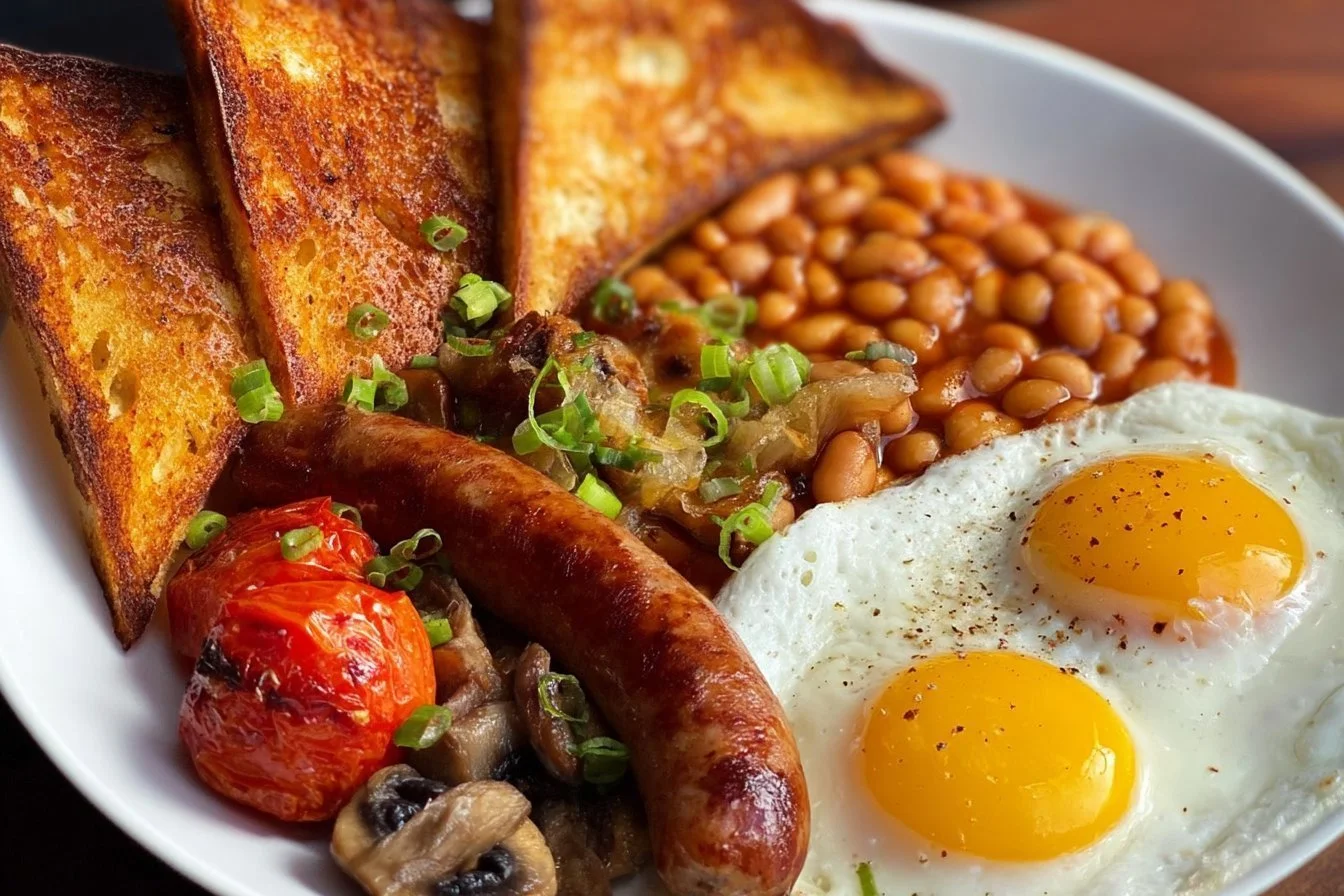 Delicious Full English Breakfast with eggs, bacon, sausages, and toast