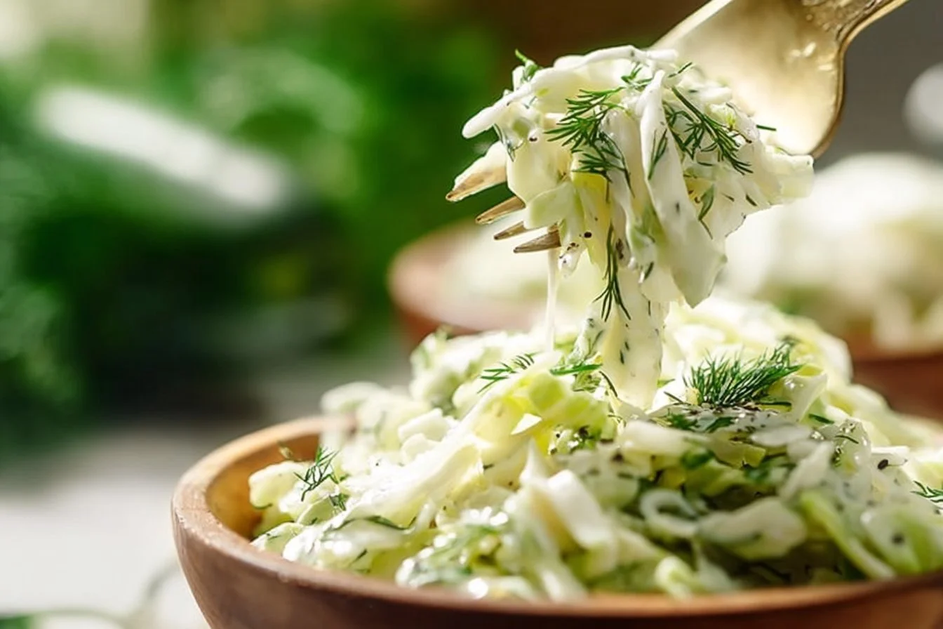 Garlic Dill Coleslaw Dressing 5 Delicious garlic dill coleslaw dressing in a bowl, perfect for salads.
