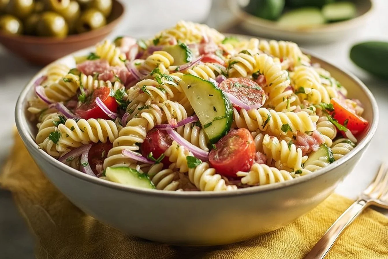 Gluten free high protein pasta salad with fresh vegetables and dressing