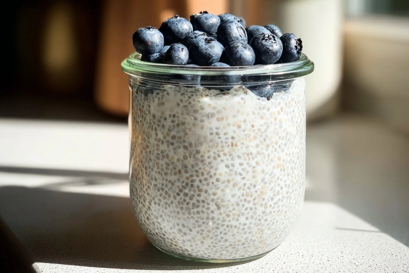 Delicious Greek Yogurt Chia Pudding topped with fruits and nuts