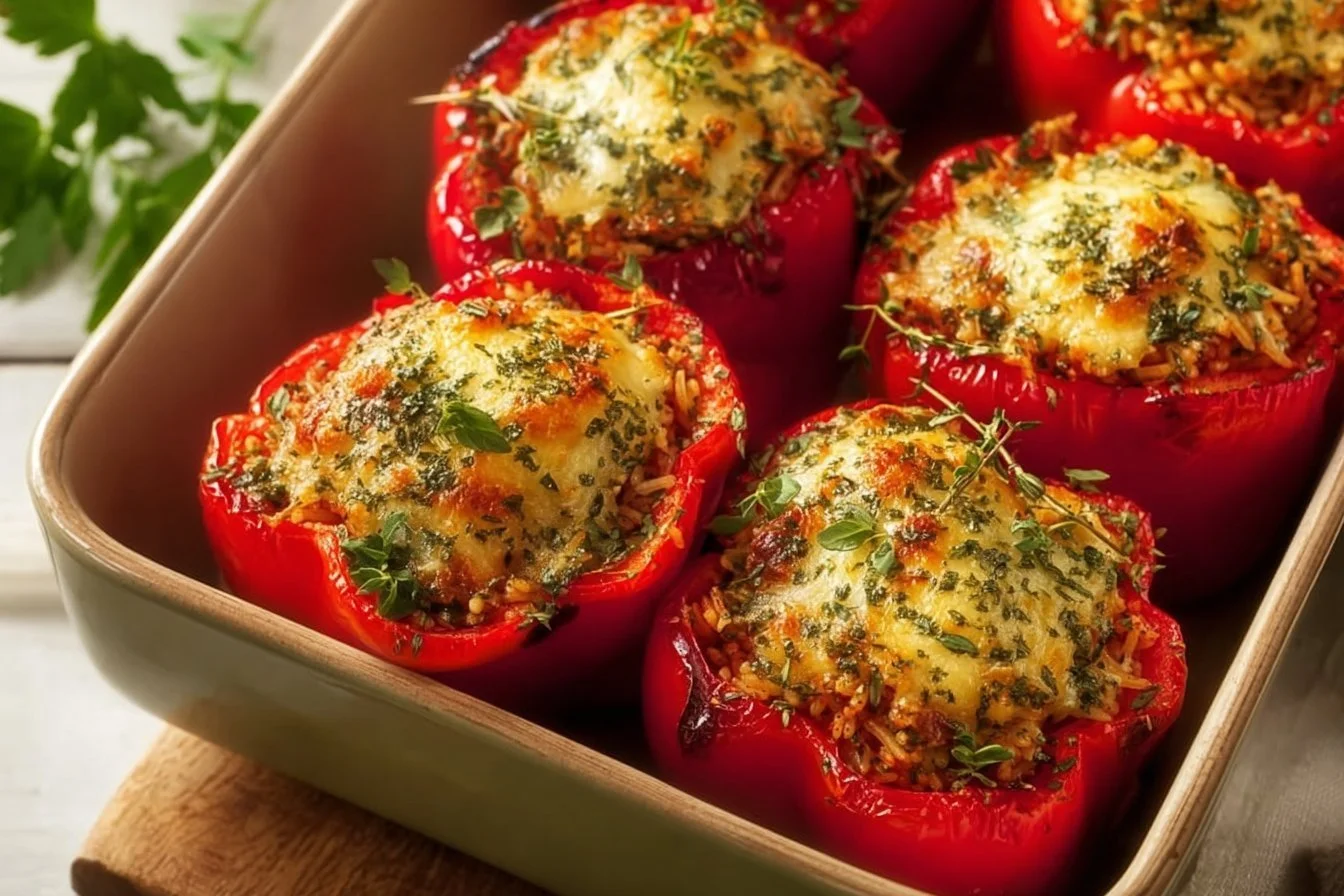 Ground pork stuffed bell peppers on a plate garnished with herbs