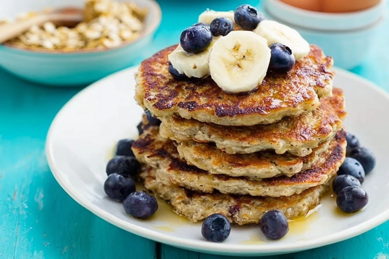 Delicious and healthy banana oatmeal pancakes stacked on a plate