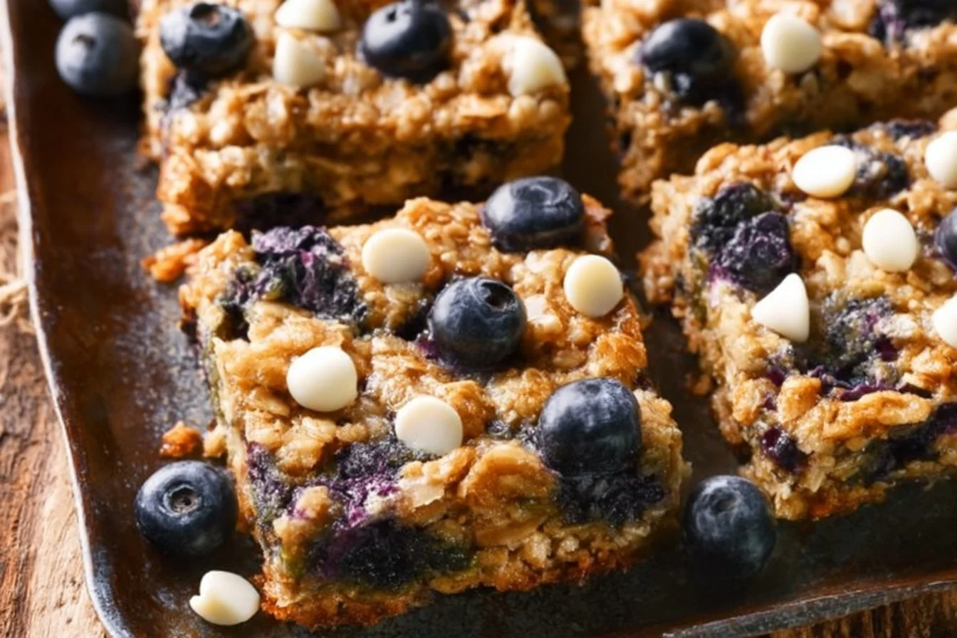 Healthy Blueberry Breakfast Baked Oatmeal 4 Healthy blueberry baked oatmeal topped with fresh blueberries and nuts