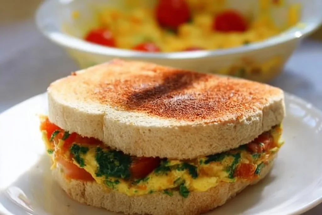 Healthy breakfast sandwich with eggs, avocado, and whole grain bread