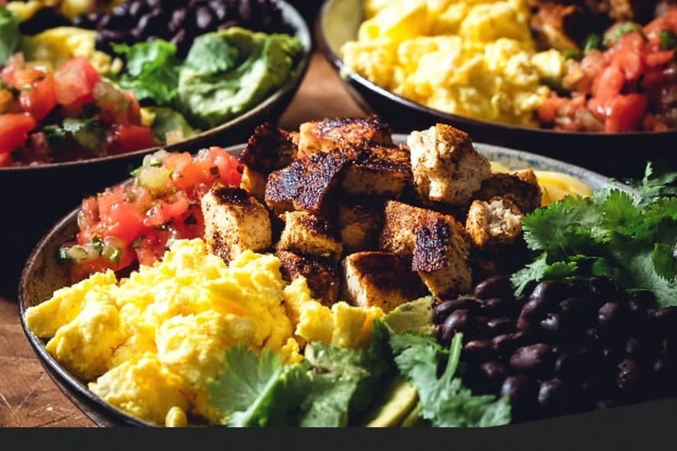 Healthy high-protein breakfast burrito bowl with fresh ingredients