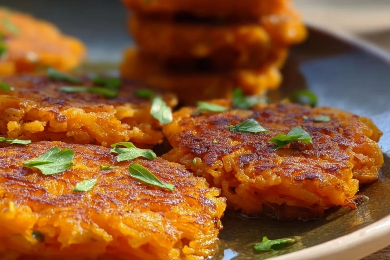 Healthy Sweet Potato Hash Browns 4 Crispy healthy sweet potato hash browns served on a plate