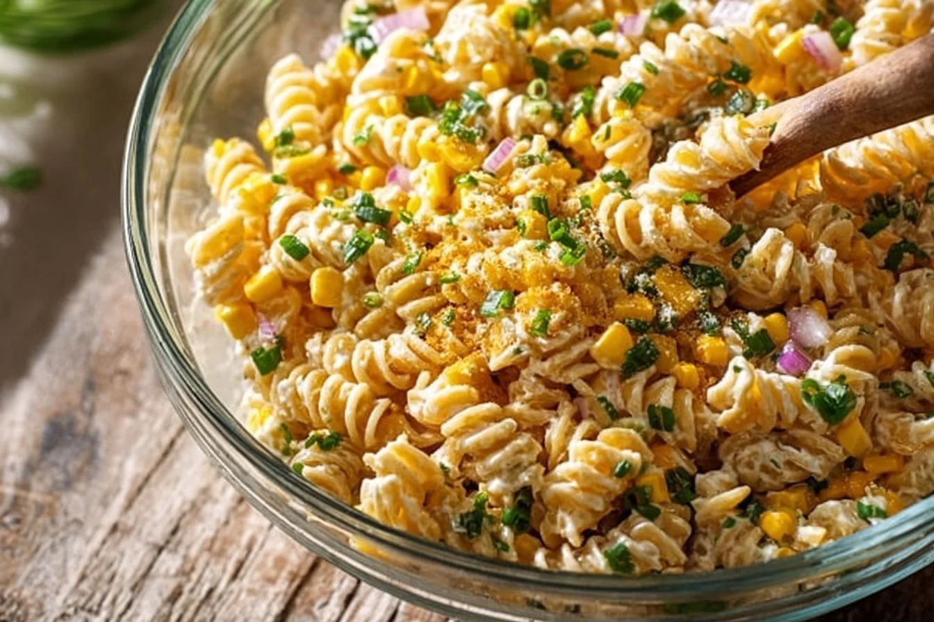 High Protein Corn on the Cob Pasta Salad 4 High protein corn pasta salad featuring fresh corn on the cob and colorful vegetables