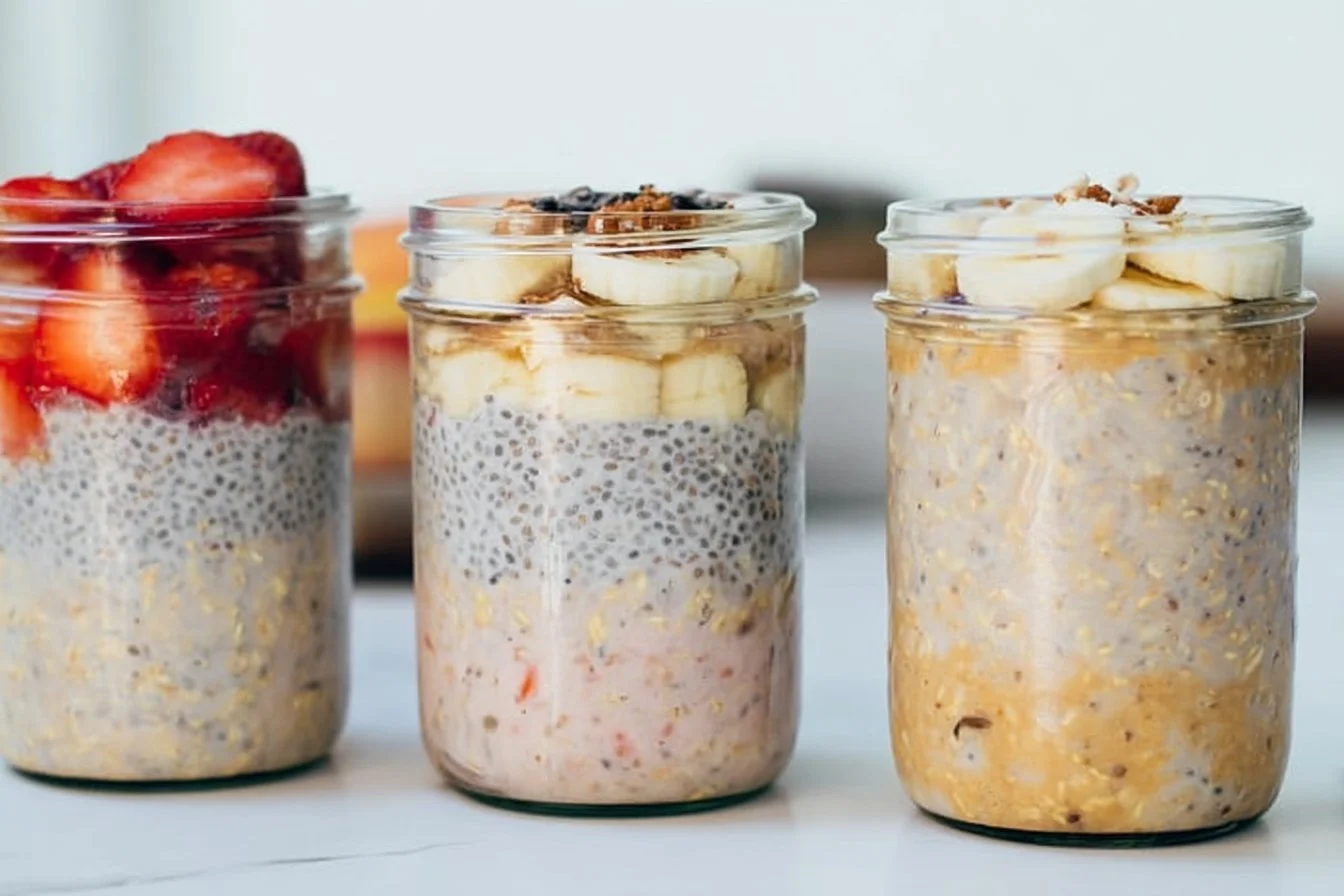 Bowl of high-protein overnight oats topped with fruits and nuts