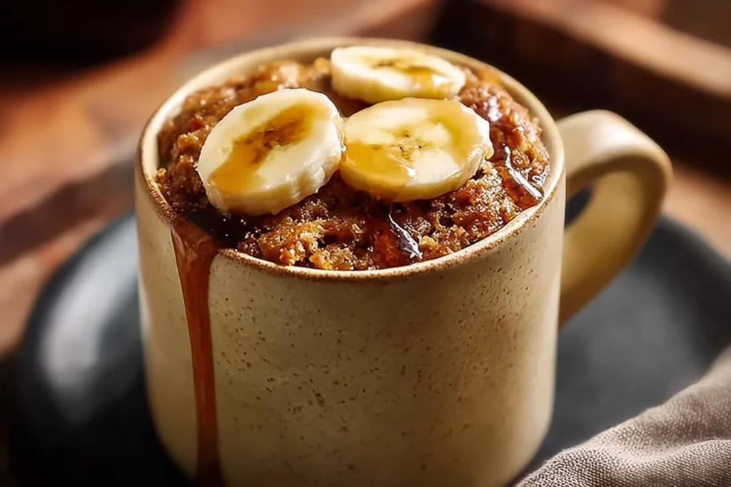 Delicious homemade banana bread in a mug, perfect for a quick treat.