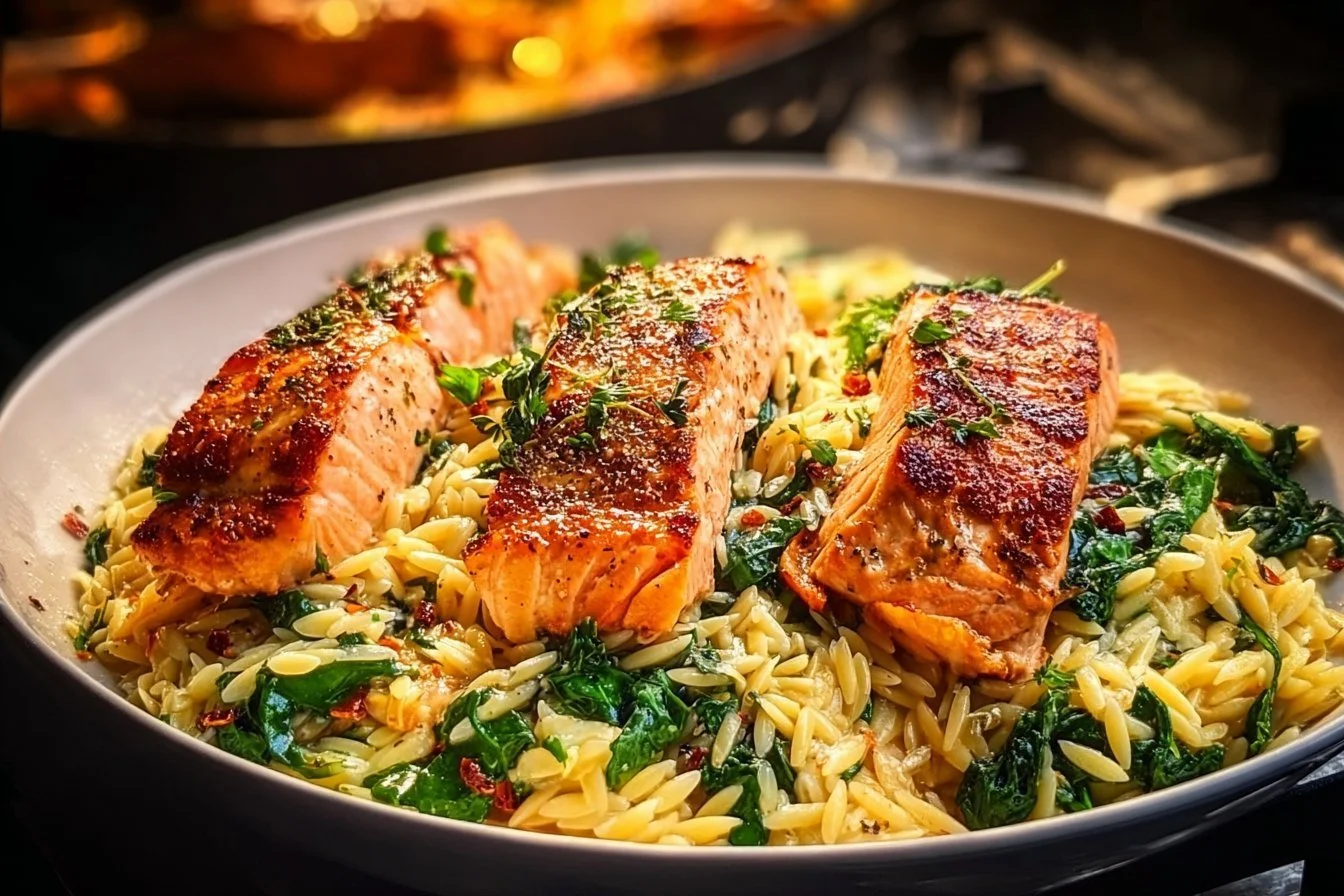 Homemade skillet salmon served with lemon orzo in a vibrant dish.