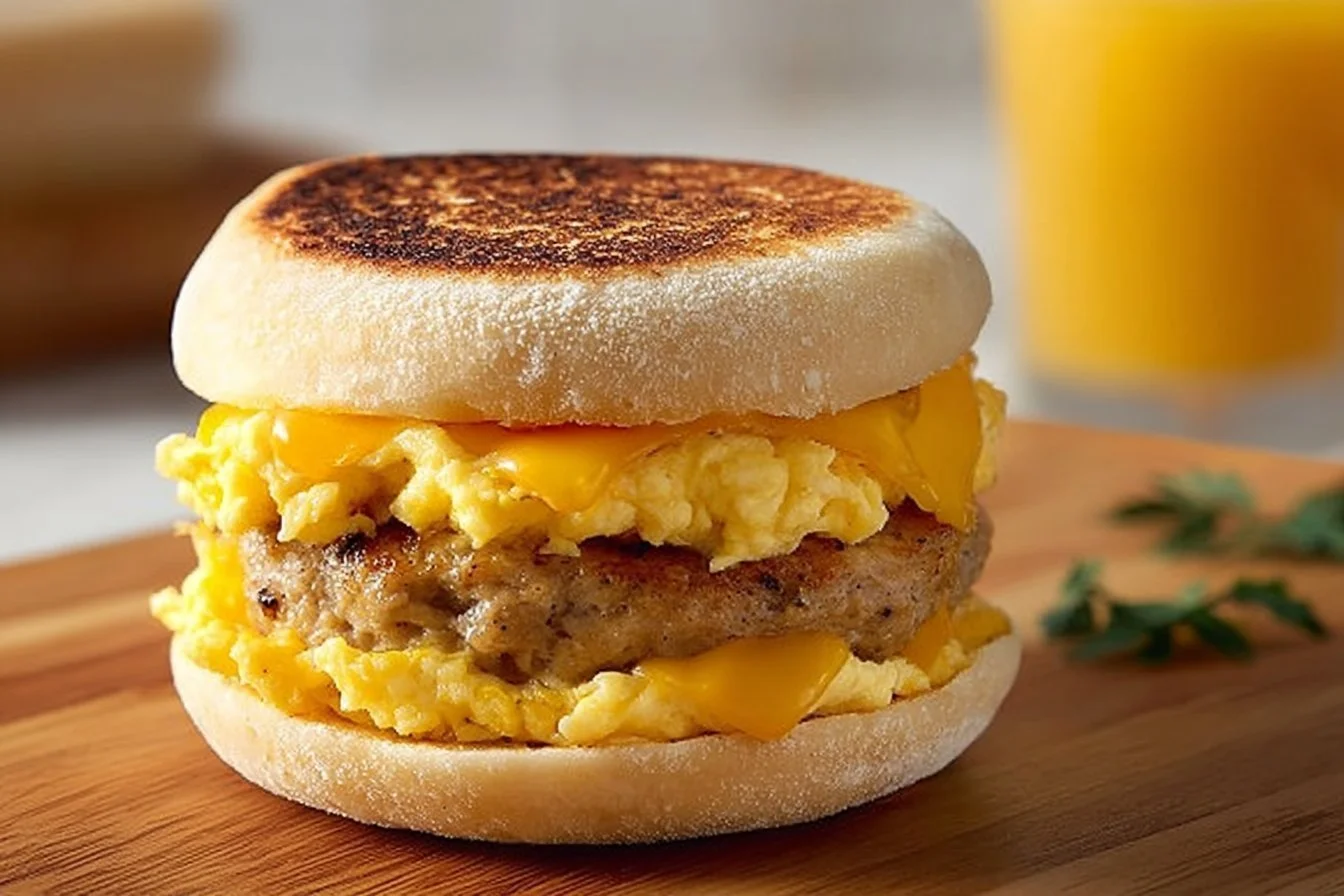 Delicious meal prep freezer breakfast sandwiches stacked on a plate.