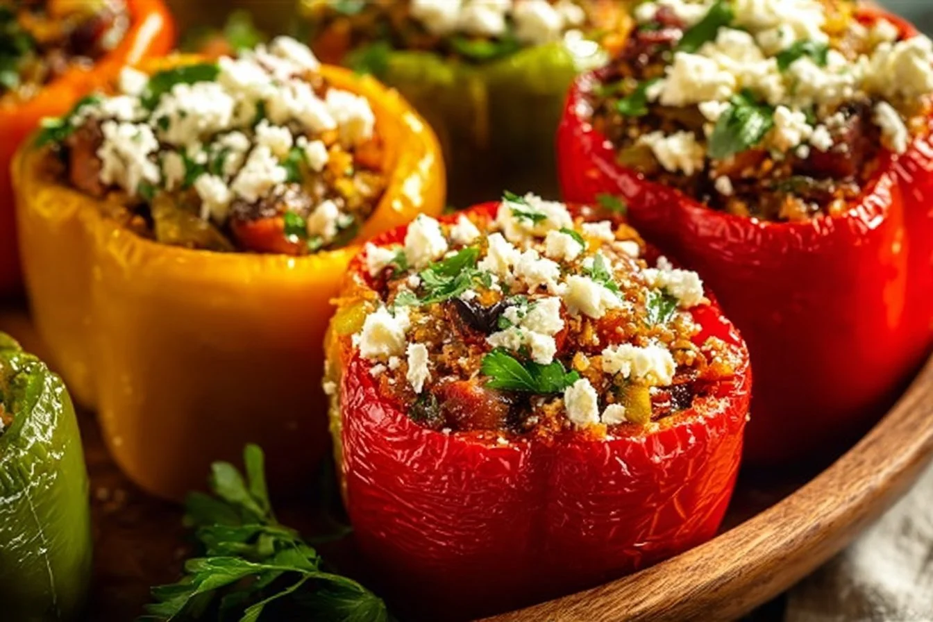 Delicious Greek stuffed bell peppers filled with herbs and spices