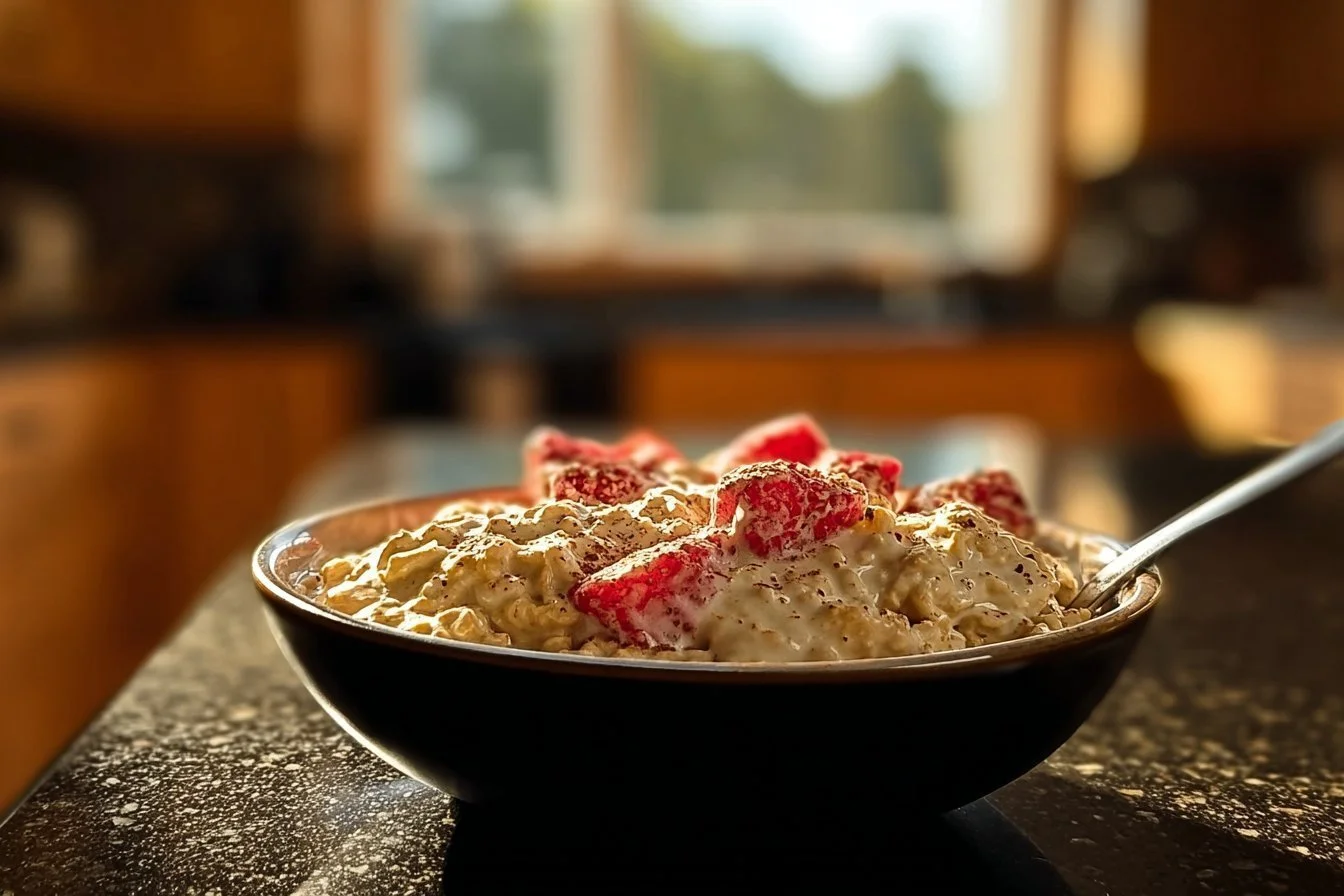 Bowl of overnight oats topped with fluffy scrambled eggs for a nutritious breakfast.
