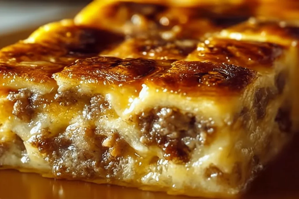 Pancake Sausage Casserole baked dish with pancakes and sausage slices