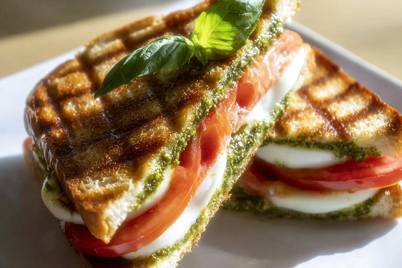 Delicious Pesto Grilled Cheese sandwich served with fresh basil leaves.