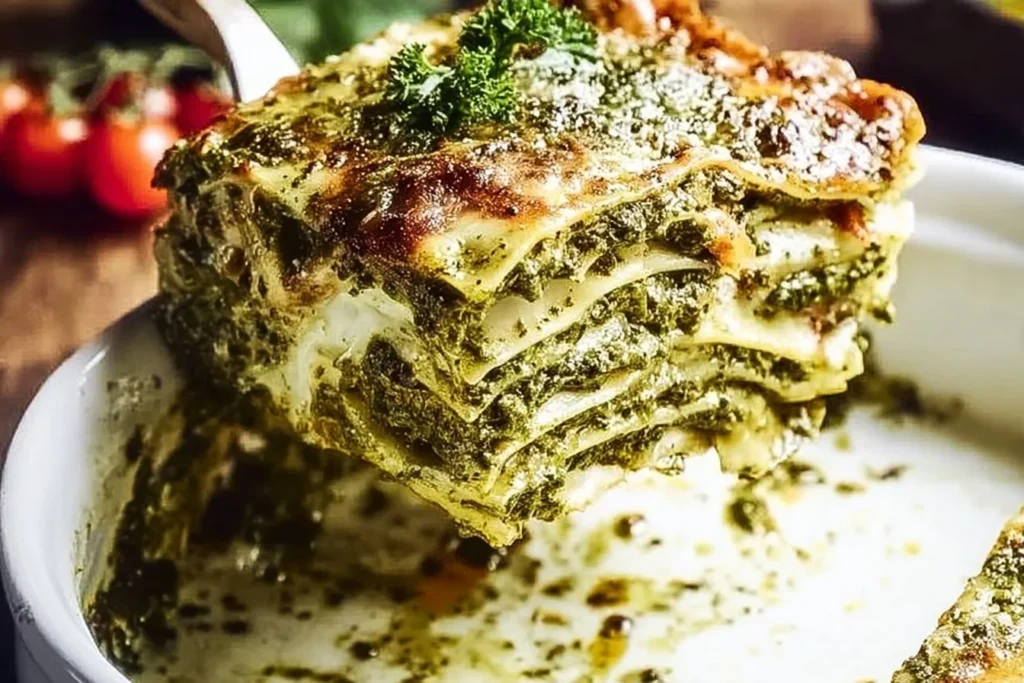 A delicious slice of pesto lasagna garnished with fresh basil and cheese.