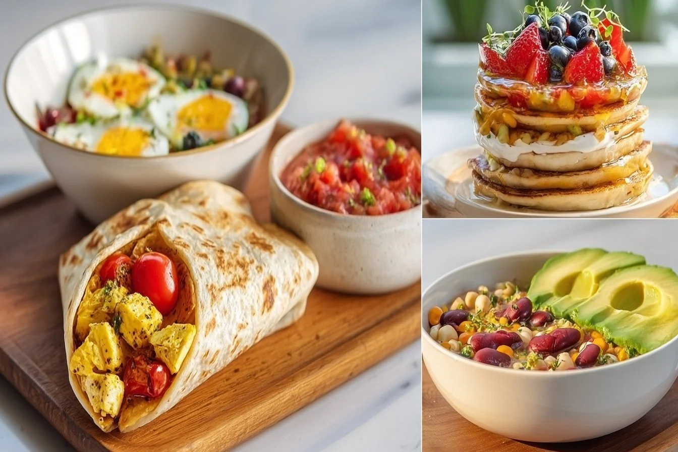 Stack of protein pancakes topped with fresh berries and syrup