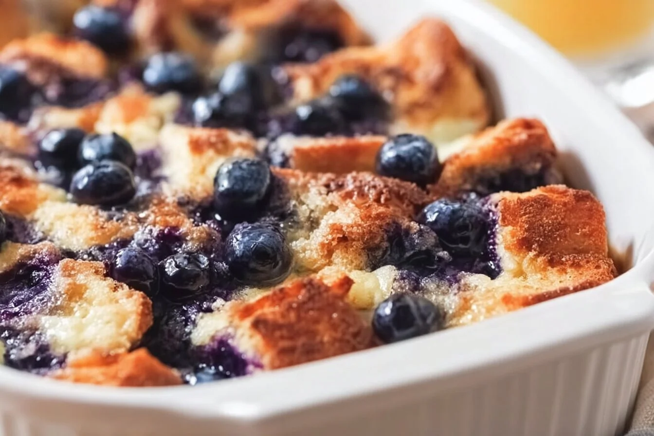 Delicious blueberry french toast casserole topped with fresh blueberries and syrup.