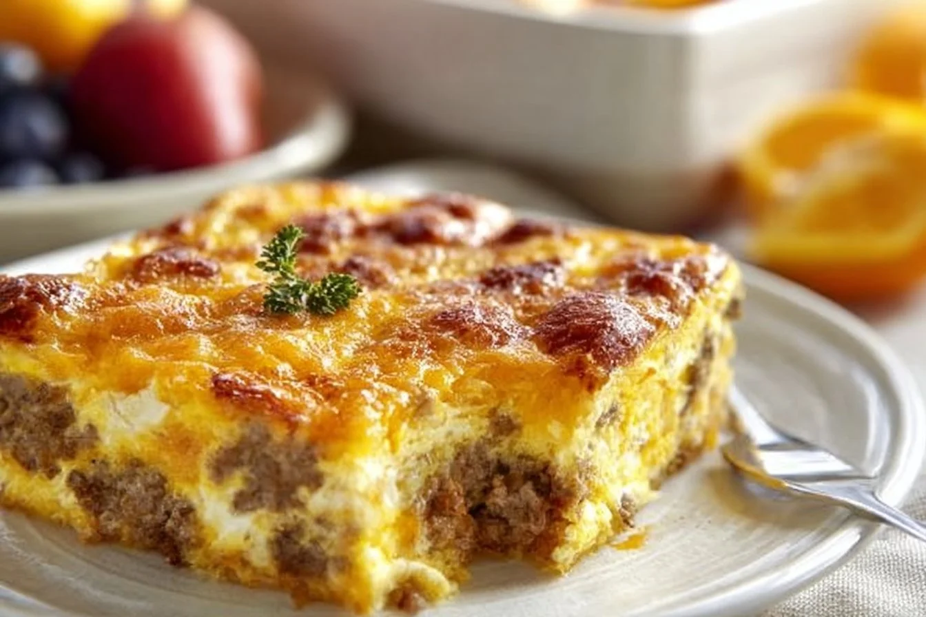 Quick Overnight Sausage and Egg Casserole 4 Quick Overnight Sausage and Egg Casserole served on a plate