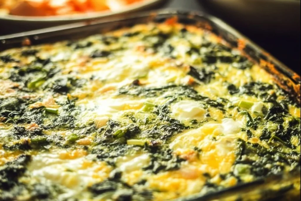 Delicious quick spinach egg casserole fresh out of the oven