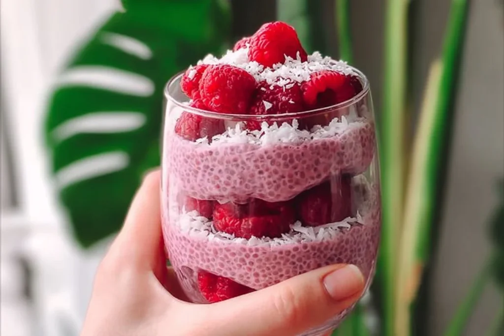 Delicious Raspberry Chia Pudding served in a bowl with fresh raspberries on top.