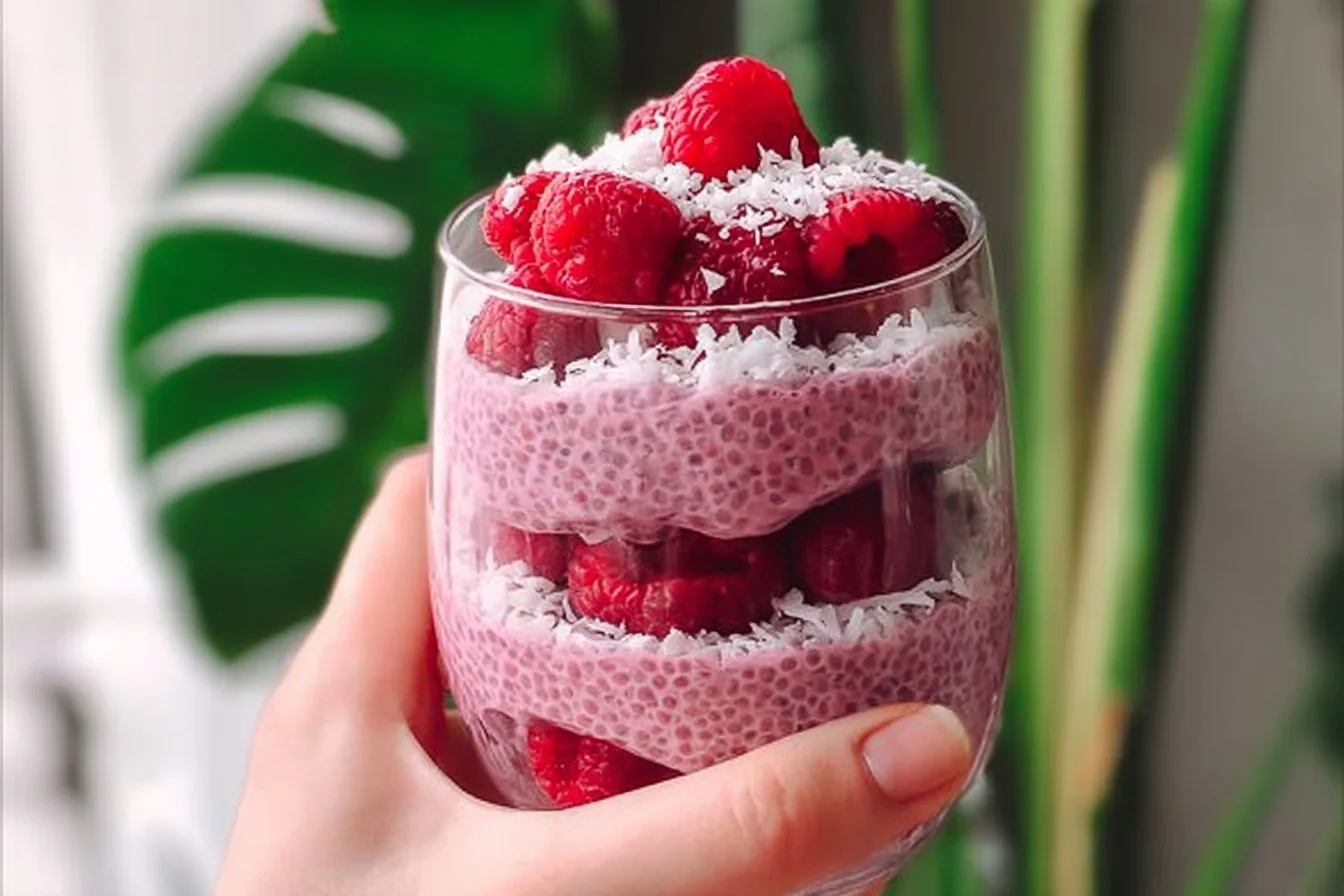 Delicious Raspberry Chia Pudding served in a bowl with fresh raspberries on top.